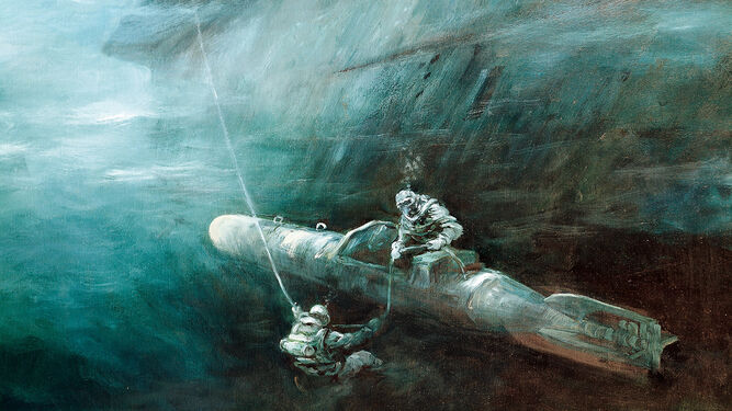 'Los medios de asalto italiano efectuando una operación submarina', obra del pintor austríaco Rudolf Claudus.